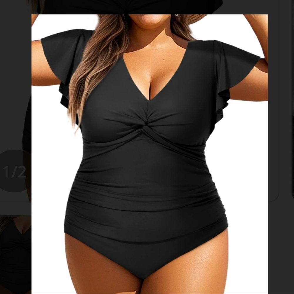 Aqua Eve Women's Plus Size Black 1 Piece Swimsuit Size 18W Ruffle Vintage NWT